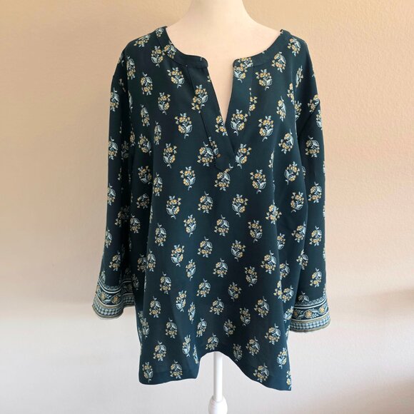 J. Jill Wearever Collection Easy Care Floral Top Tunic Teal Wide Sleeve Plus 3X - Picture 1 of 8
